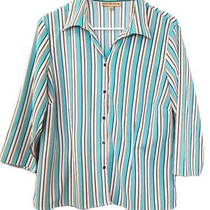 Notations Woman's Lined Top Size LARGE, Short Sleeve, Striped, Button up. Collar